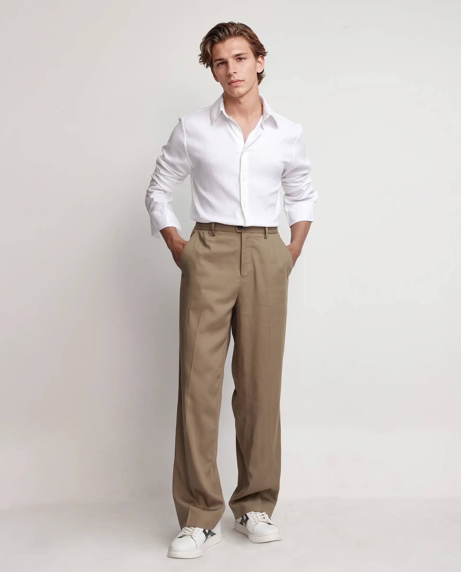 Rare Rabbit Men's Jin White Viscose Plain Regular Fit Full Sleeve Collared Shirt
