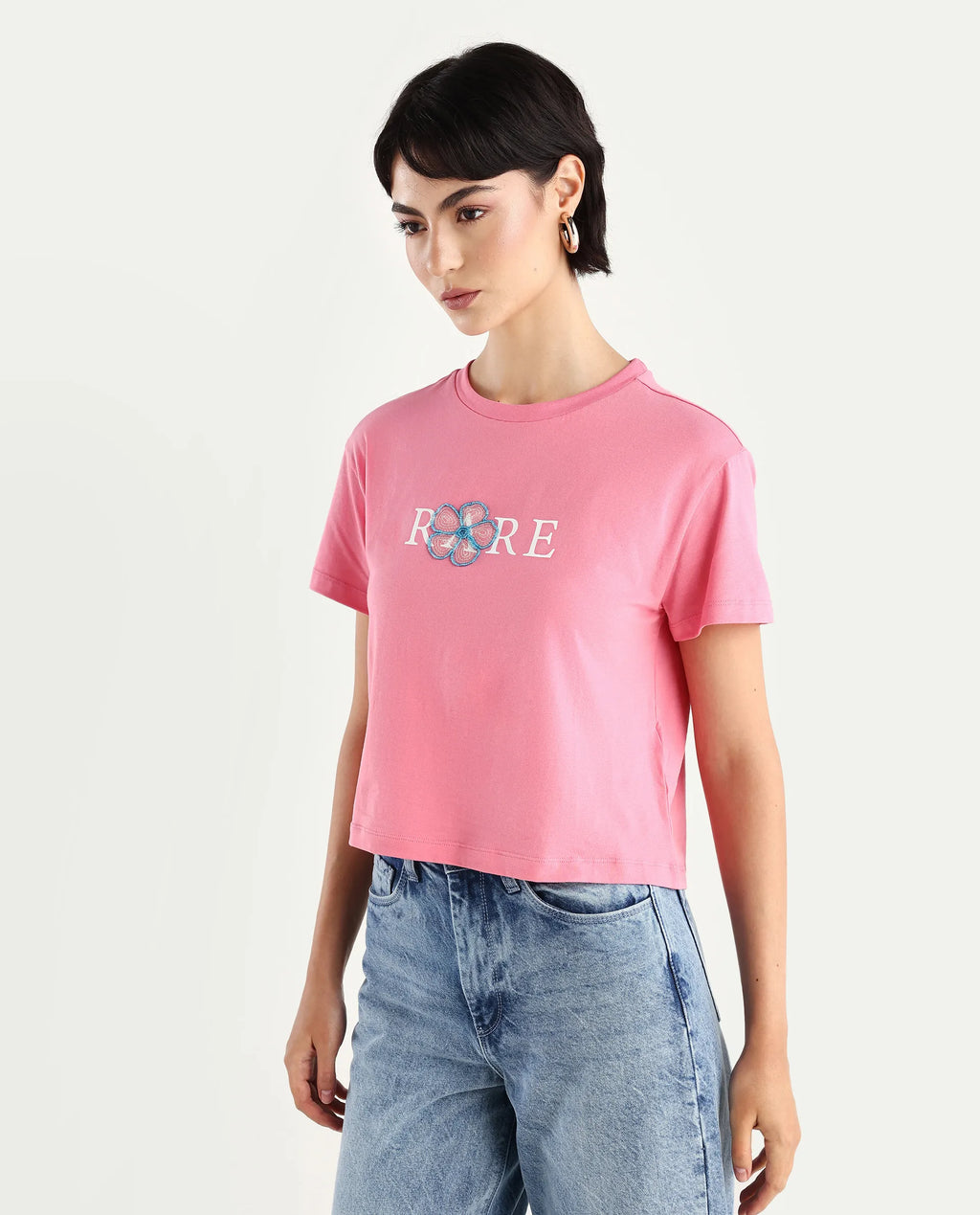 Rareism Women's Jiver Light Pink Cotton Blend Crew Neck Graphic Print Crop Relaxed Fit T-Shirt