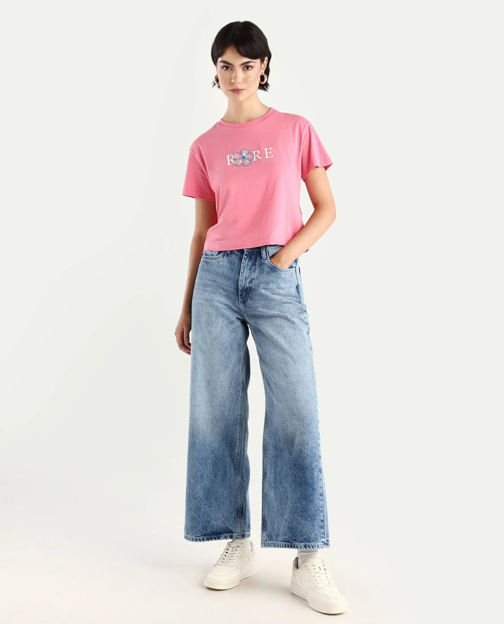 Rareism Women's Jiver Light Pink Cotton Blend Crew Neck Graphic Print Crop Relaxed Fit T-Shirt