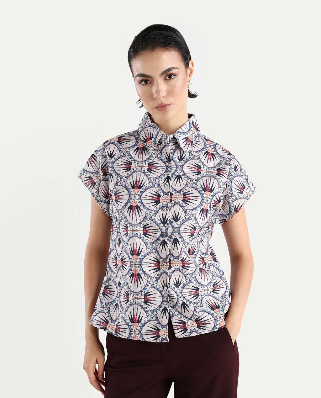 Rareism Women's Joancut Multi Polyester Spread Collar Geometric Print Extended Sleeves Regular Fit Top