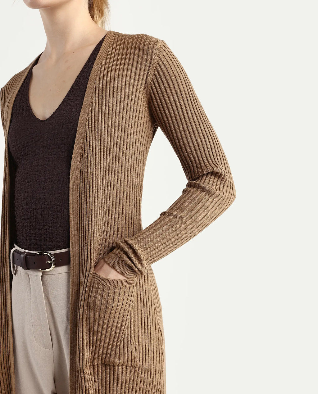 Rareism Women's Joji Dark Beige Acrylic Collarless Regular Fit Plain Shrug