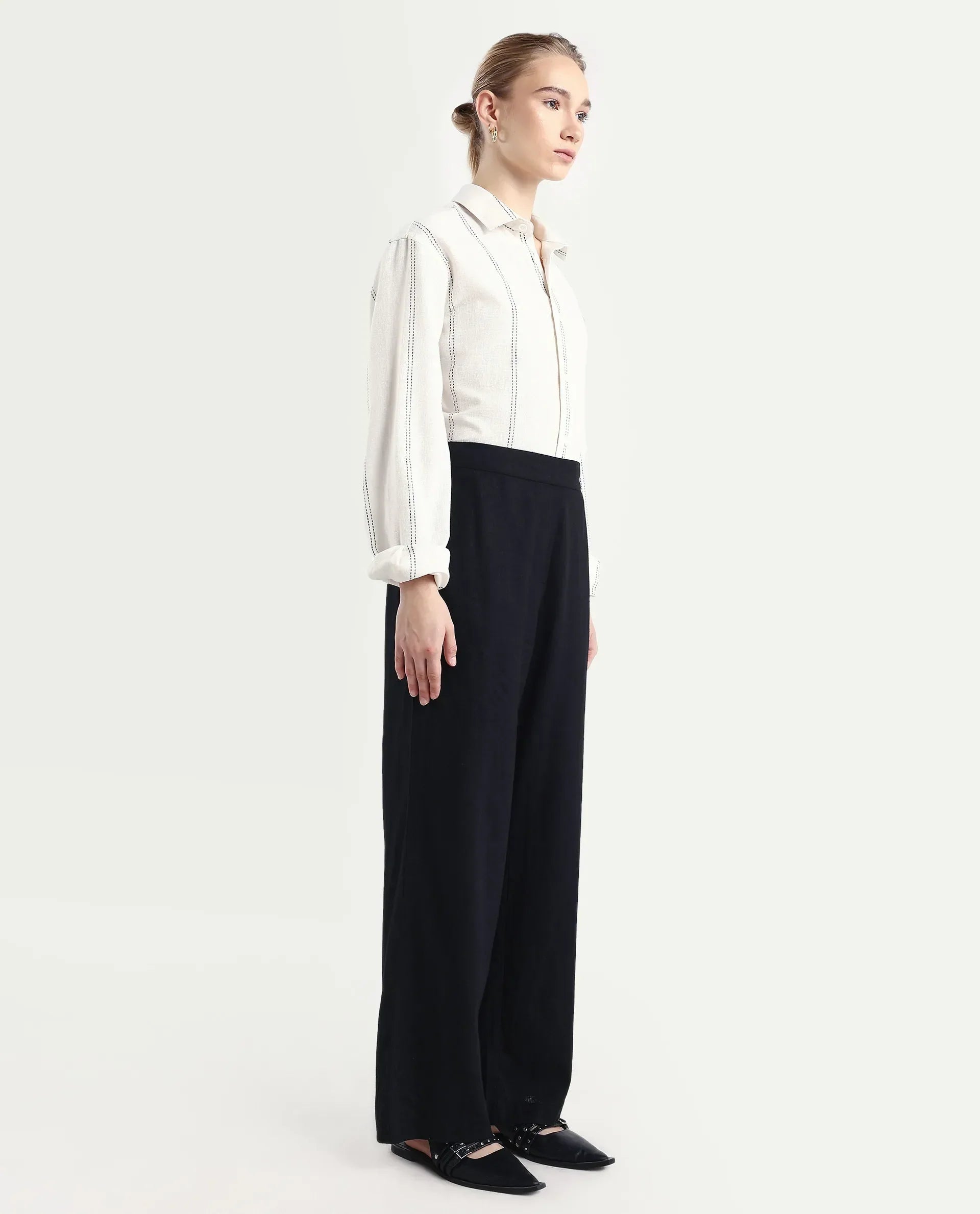 Rareism Women's Jomow-B Black Linen Blend Regular Fit Trouser
