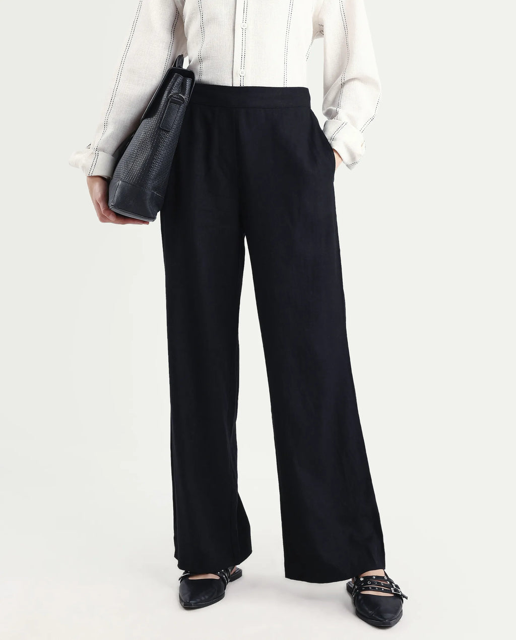 Rareism Women's Jomow-B Black Linen Blend Regular Fit Trouser