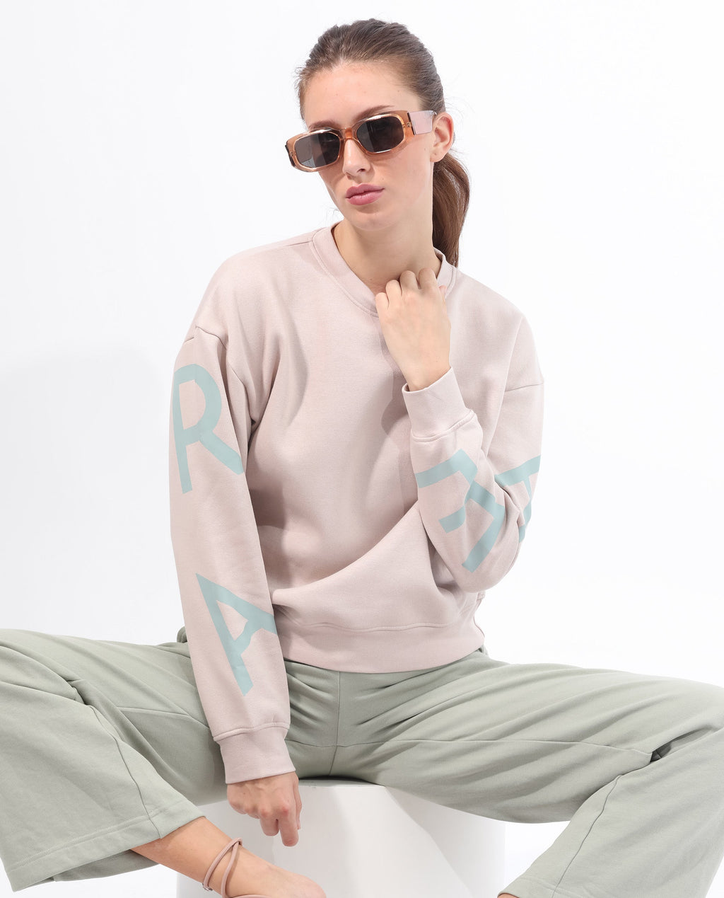 Rareism Women's Joni Beige Polyester Blend Crew Neck Graphic Print Regular Fit Sweatshirt