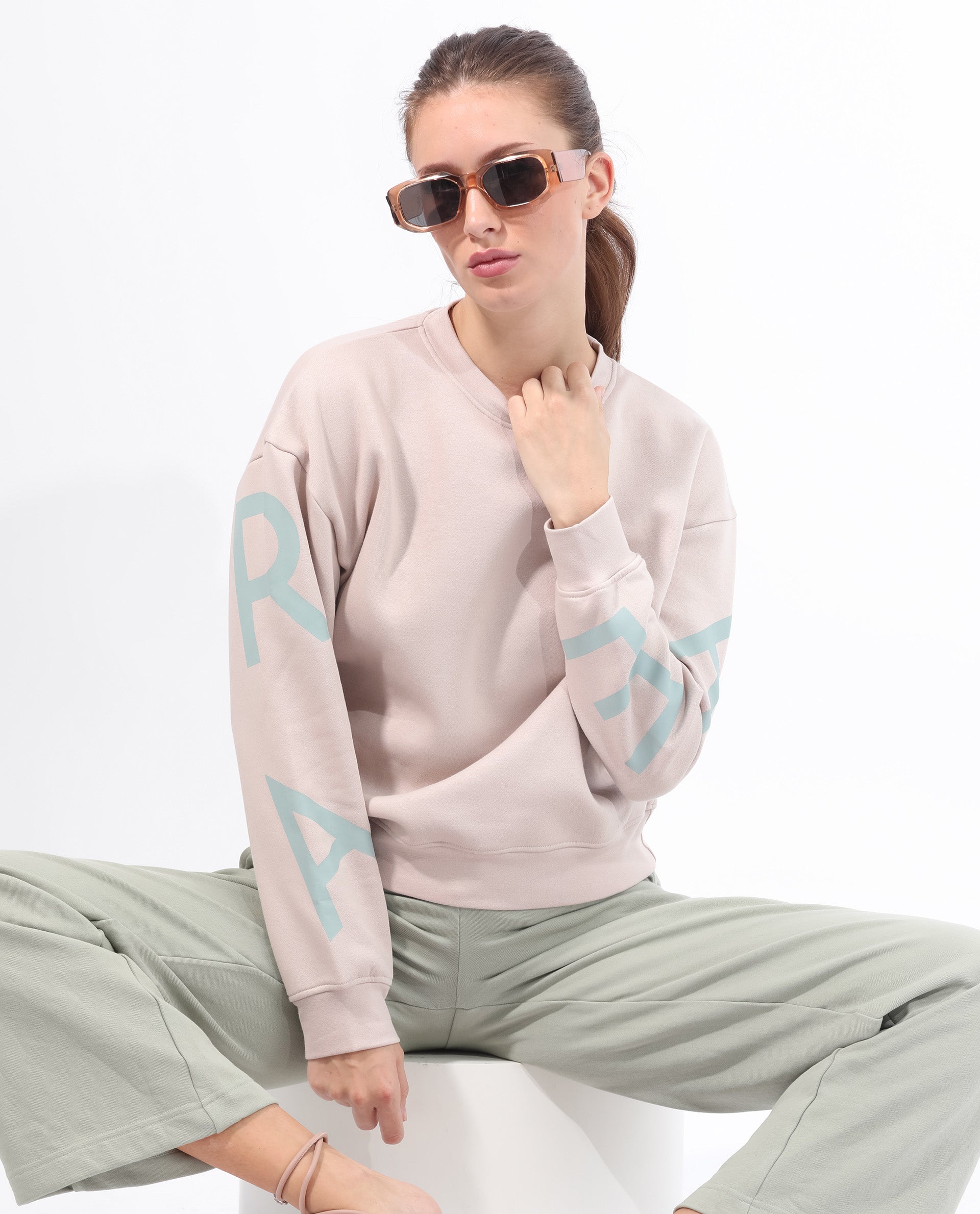 Rareism Women's Joni Beige Polyester Blend Crew Neck Graphic Print Regular Fit Sweatshirt