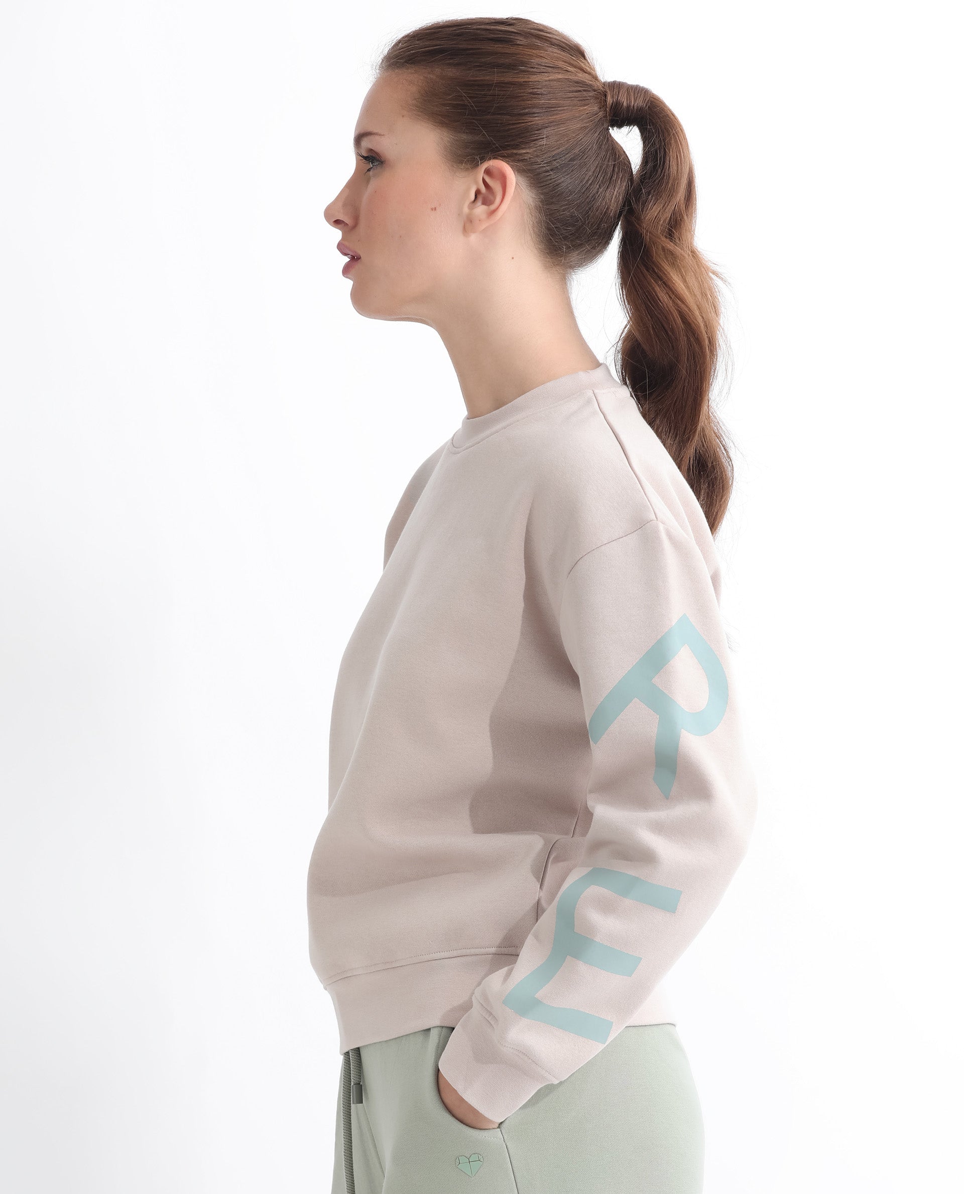 Rareism Women's Joni Beige Polyester Blend Crew Neck Graphic Print Regular Fit Sweatshirt