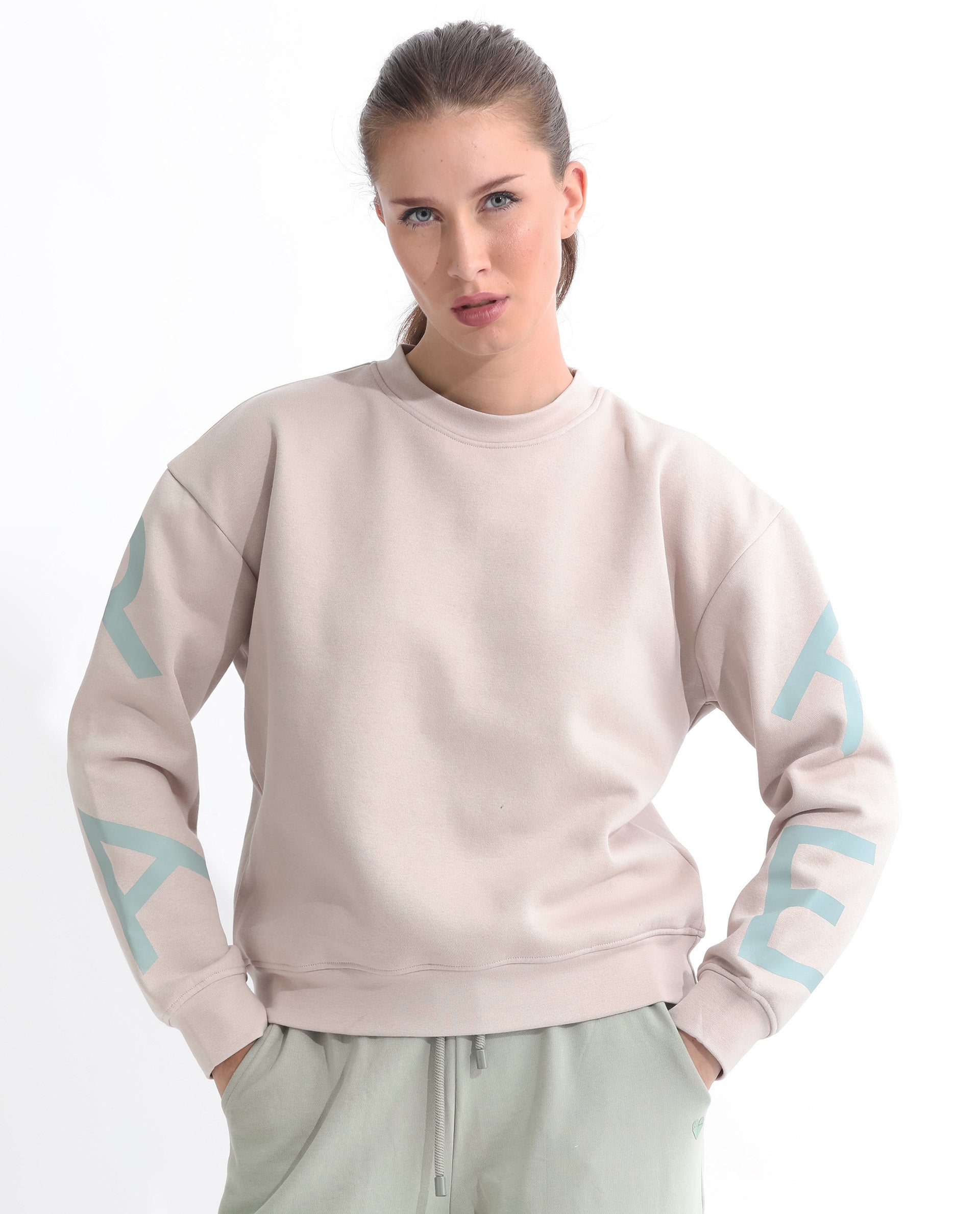 Rareism Women's Joni Beige Polyester Blend Crew Neck Graphic Print Regular Fit Sweatshirt