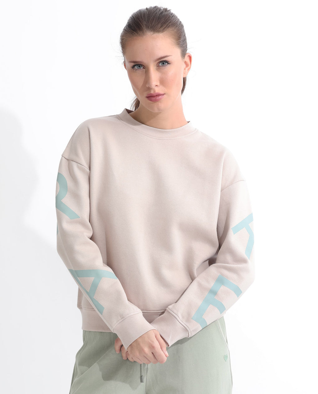 Rareism Women's Joni Beige Polyester Blend Crew Neck Graphic Print Regular Fit Sweatshirt