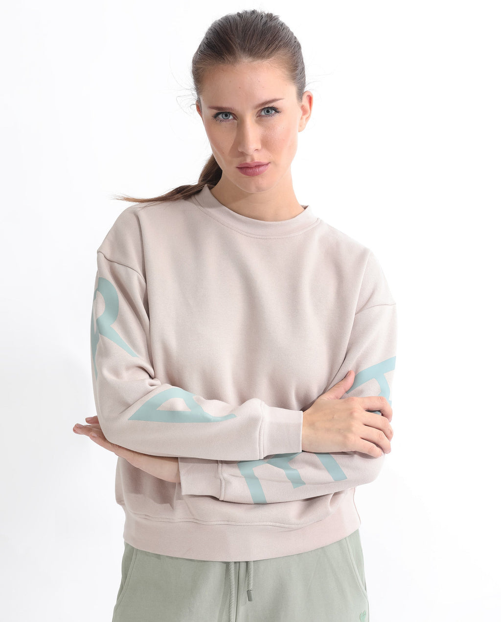 Rareism Women's Joni Beige Polyester Blend Crew Neck Graphic Print Regular Fit Sweatshirt