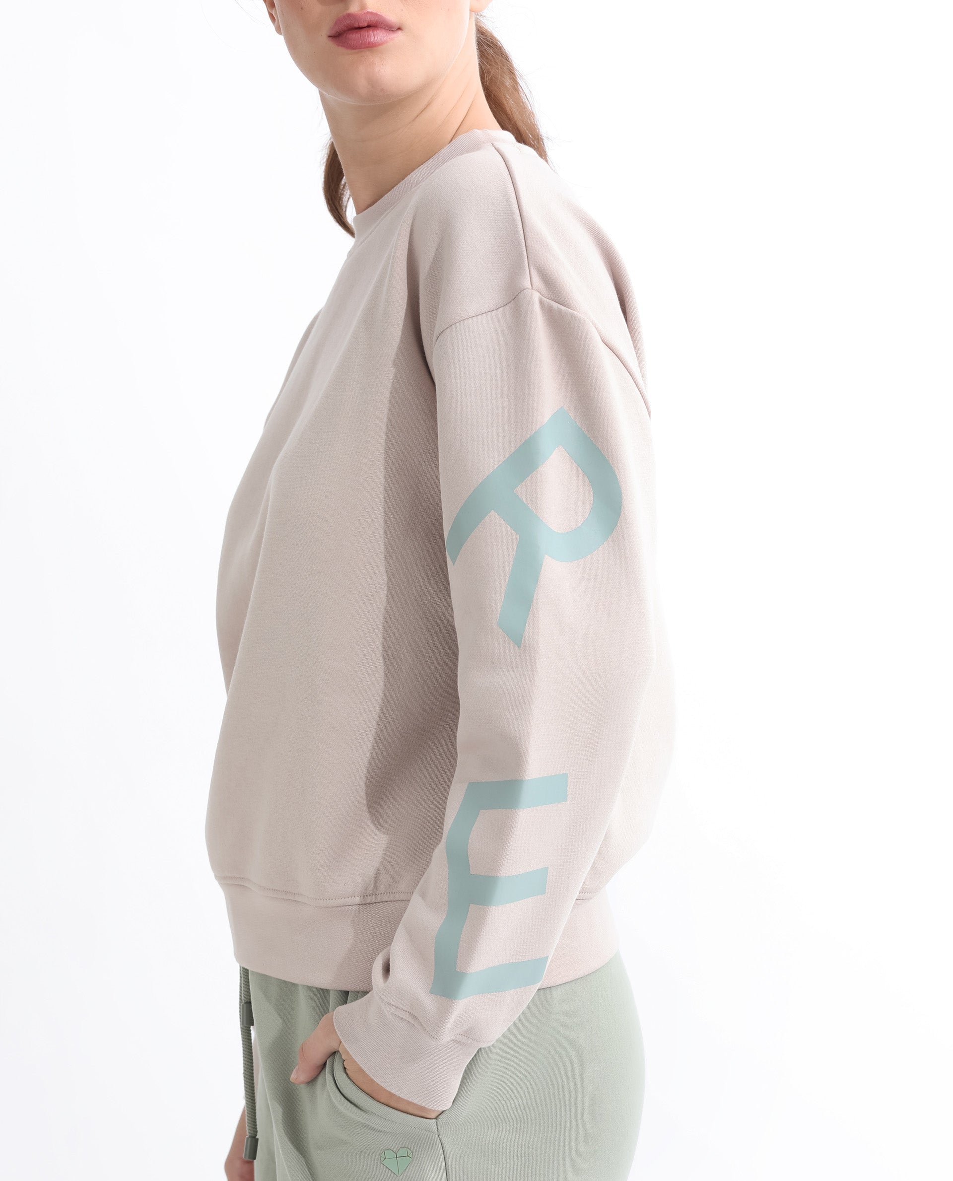 Rareism Women's Joni Beige Polyester Blend Crew Neck Graphic Print Regular Fit Sweatshirt