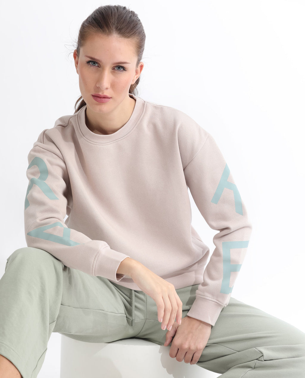 Rareism Women's Joni Beige Polyester Blend Crew Neck Graphic Print Regular Fit Sweatshirt