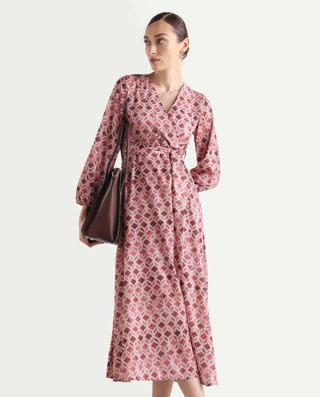Rareism Women's Jorci Multi Polyester Overlap Neck Geometric Print Bishop Sleeve Maxi Fit And Flare Dress