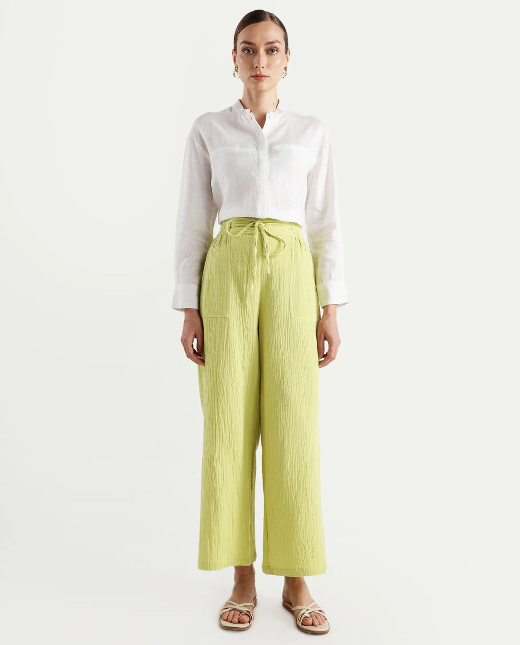 Rareism Women's Jorden B Flouroscent Cotton Blend Plain Ankle Length Wide Leg Trouser