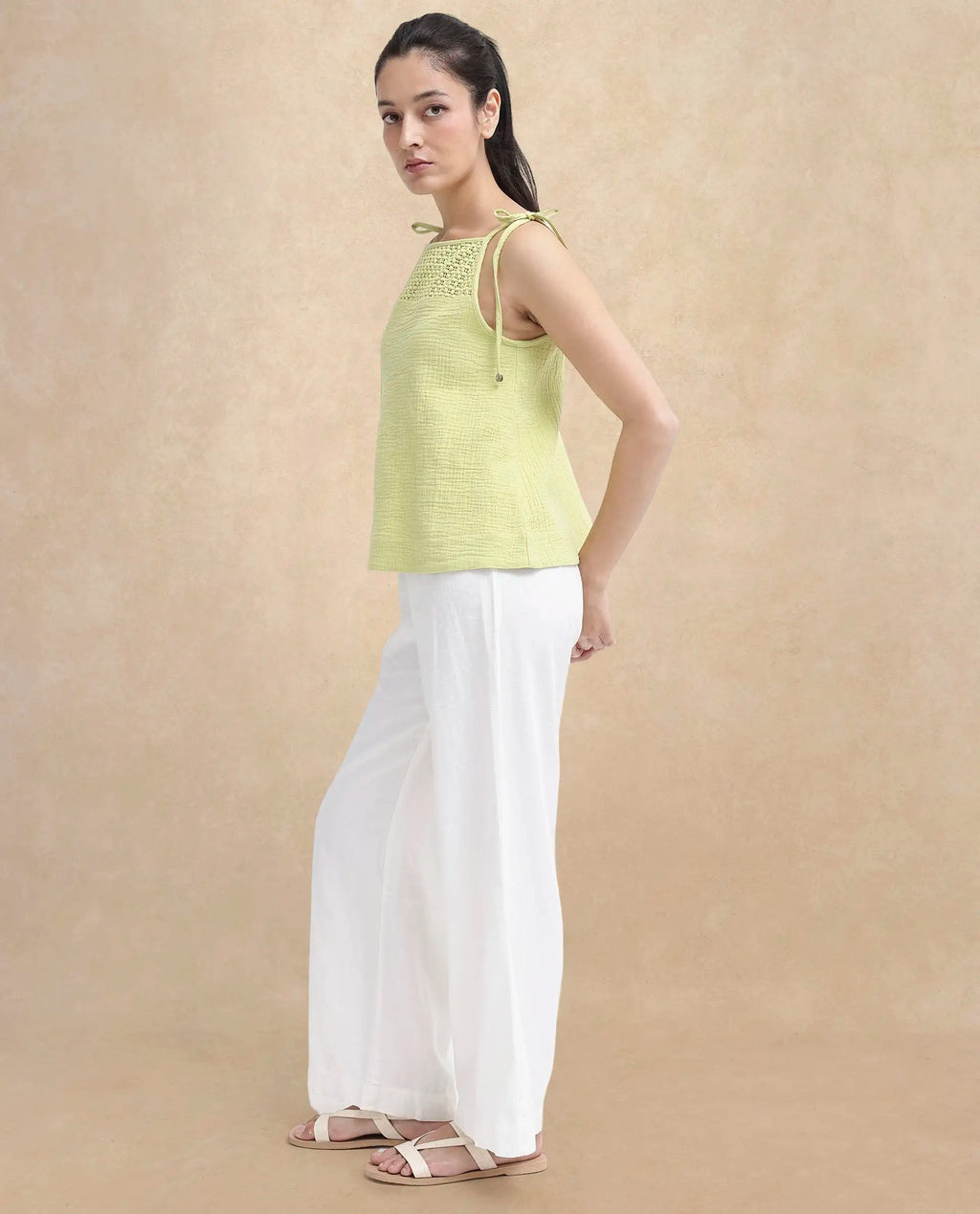 Rareism Women's Jordyn-T Flouroscent Green Cotton Blend Shoulder Strap Plain Shoulder Strap Regular Fit Top