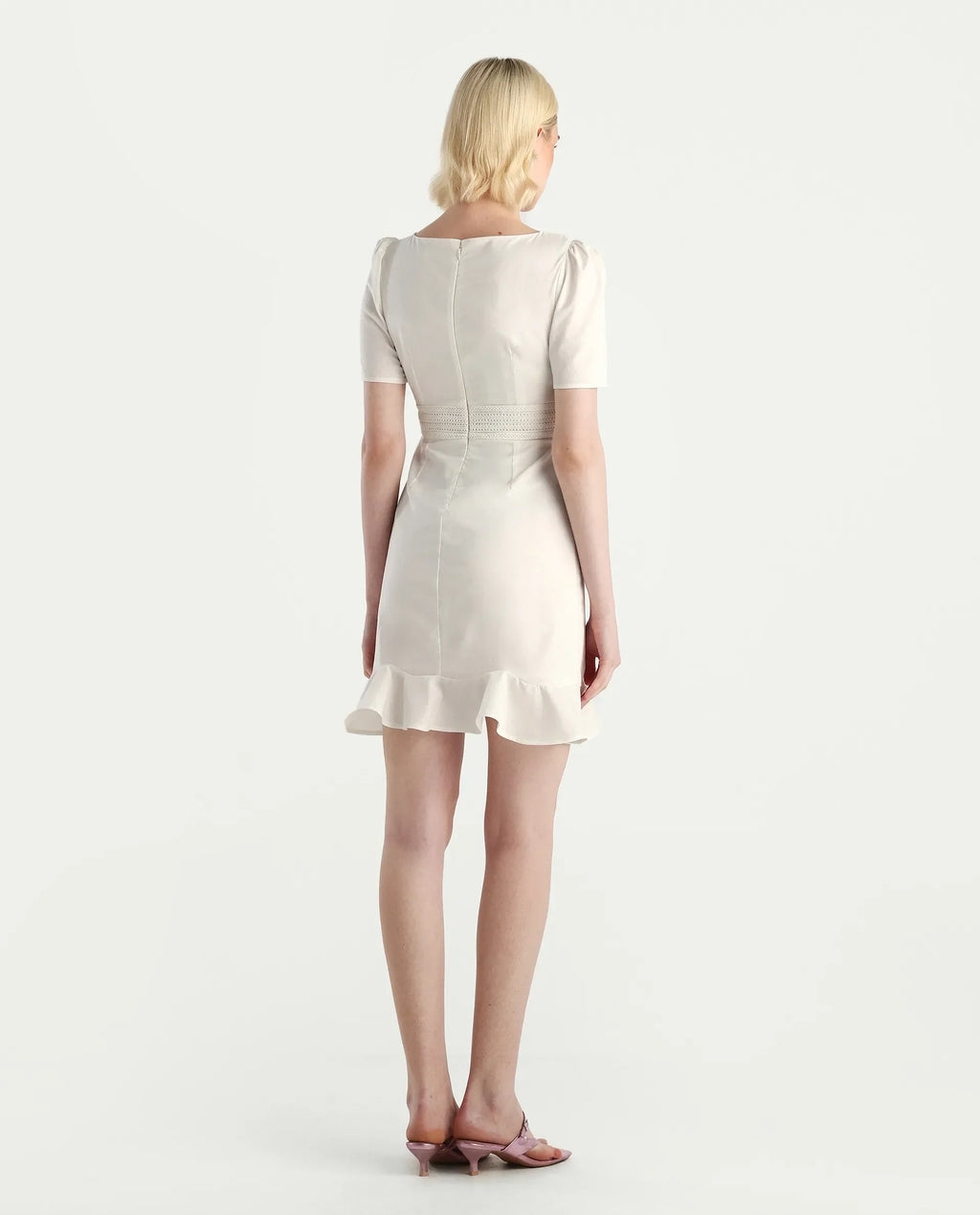 Rareism Women's Jubag Off White Cotton Blend Round Neck Fitted Plain Dress