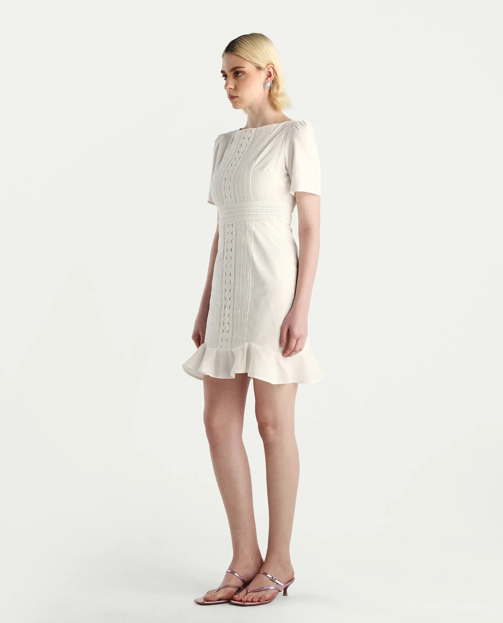 Rareism Women's Jubag Off White Cotton Blend Round Neck Fitted Plain Dress