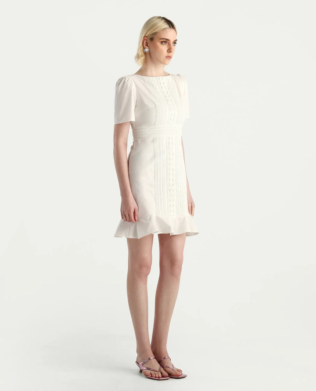 Rareism Women's Jubag Off White Cotton Blend Round Neck Fitted Plain Dress