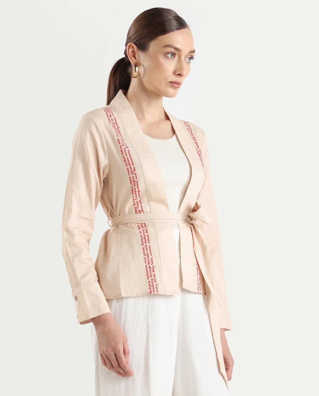 Rareism Women's Juinb Beige Cotton Shawl Collar Typography Print Cuffed Sleeve Regular Fit Top