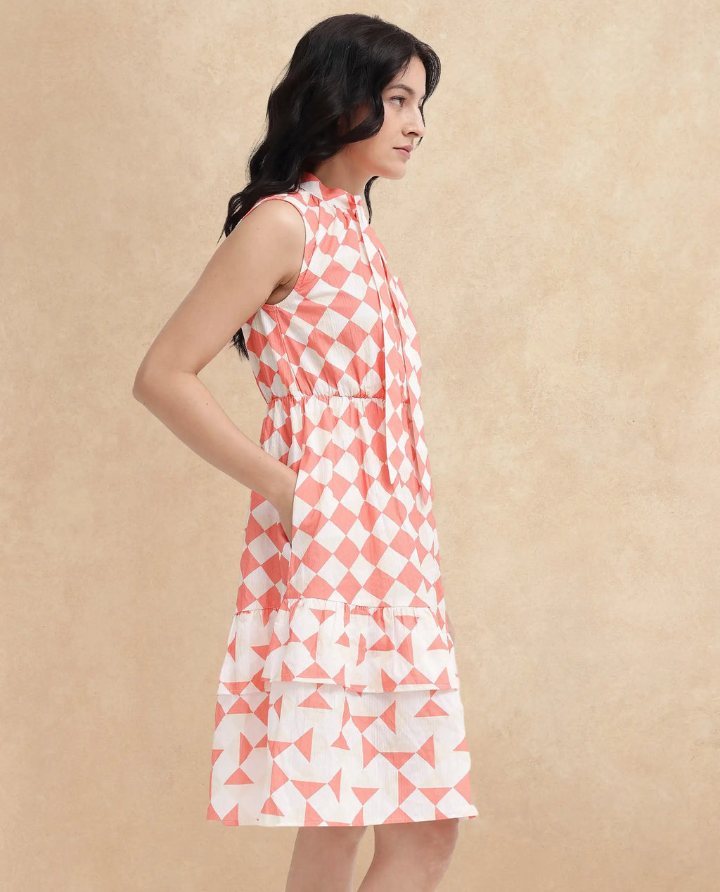 Rareism Women's Juite Multi Cotton Blend Tie-Up Neck Geometric Print Sleeveless Knee Length Fit And Flare Dress