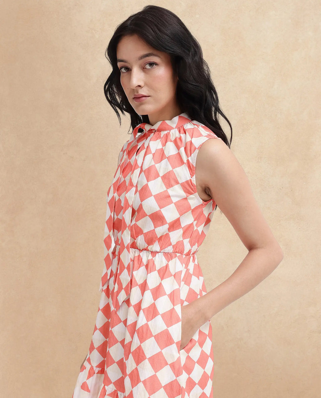 Rareism Women's Juite Multi Cotton Blend Tie-Up Neck Geometric Print Sleeveless Knee Length Fit And Flare Dress