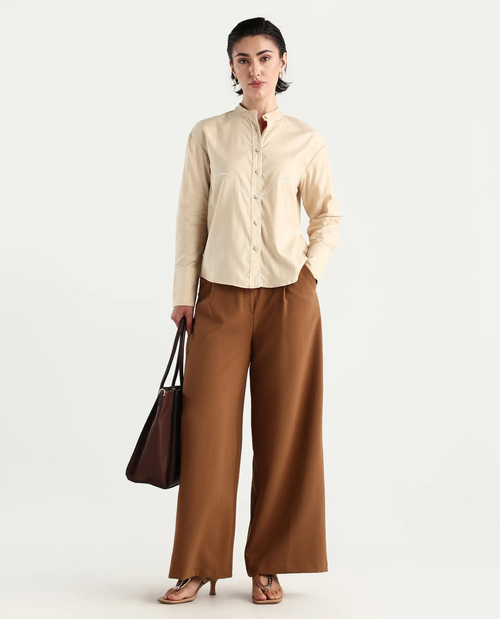 Rareism Women's Jujo Beige Cotton Blend Mandarin Collar Plain Cuffed Sleeve Regular Fit Shirt