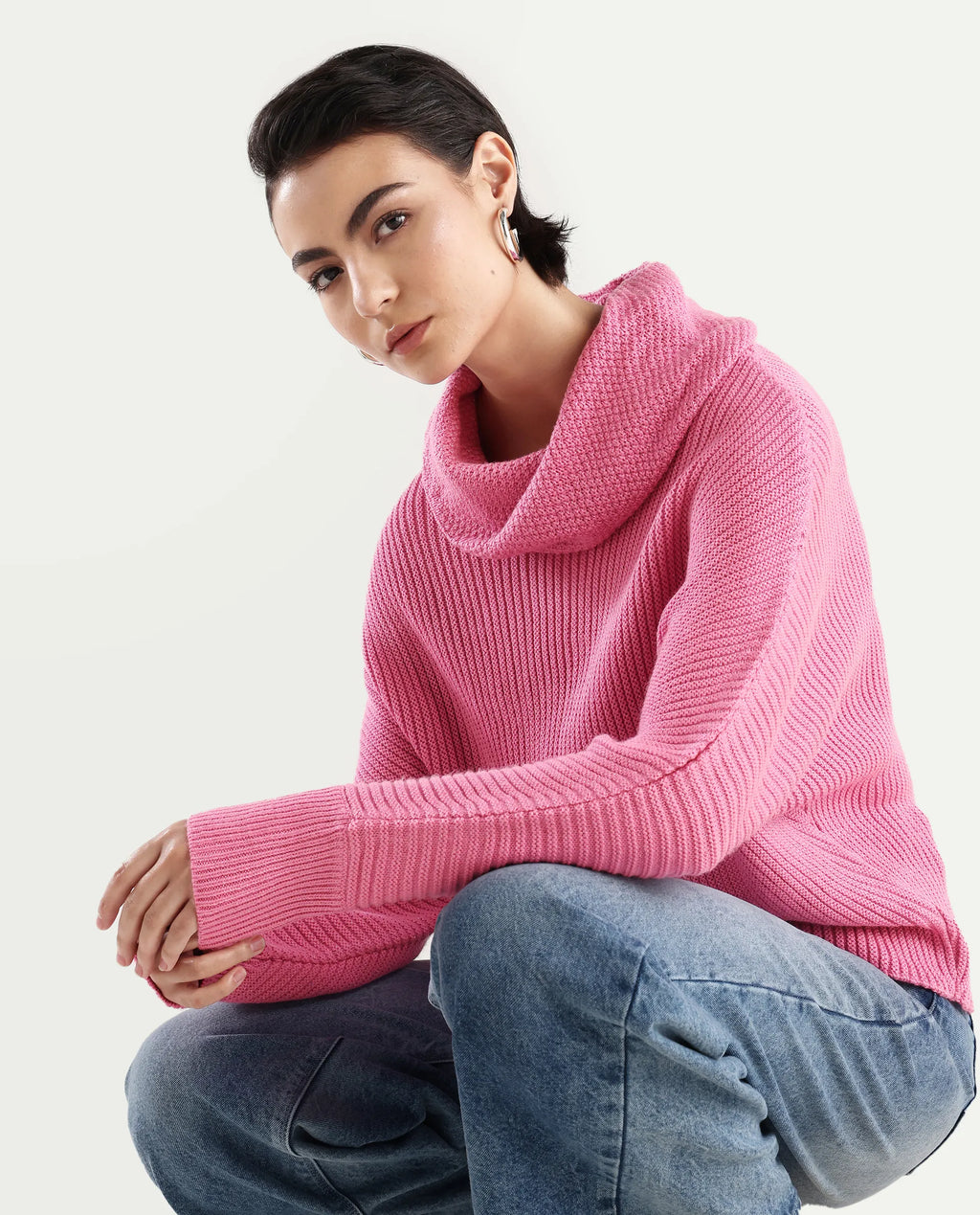 Rareism Women's June Pink Acrylic Turtle Neck Plain Kimono Sleeve Relaxed Fit Sweater