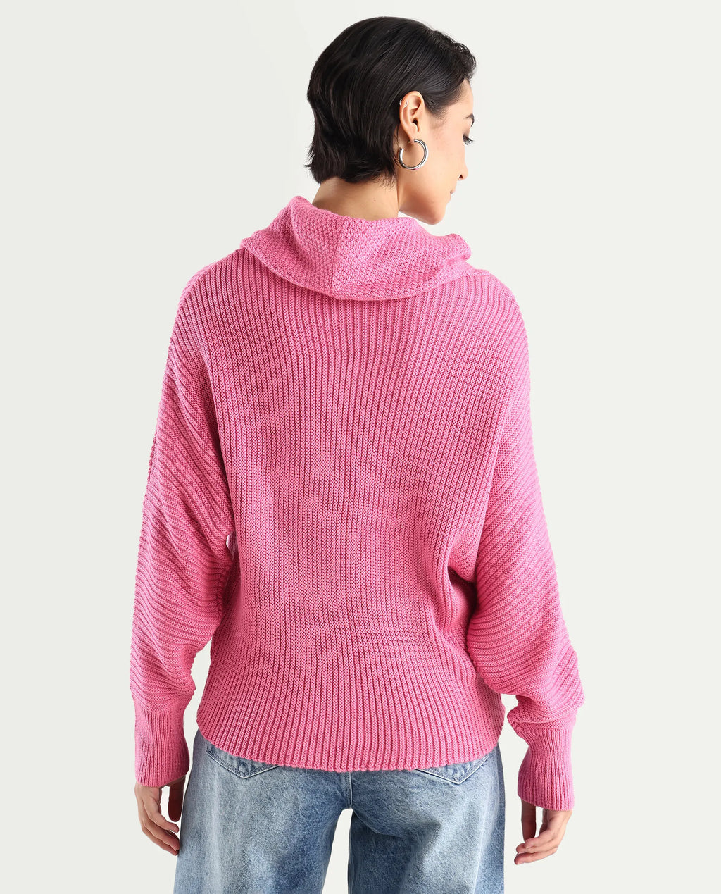 Rareism Women's June Pink Acrylic Turtle Neck Plain Kimono Sleeve Relaxed Fit Sweater