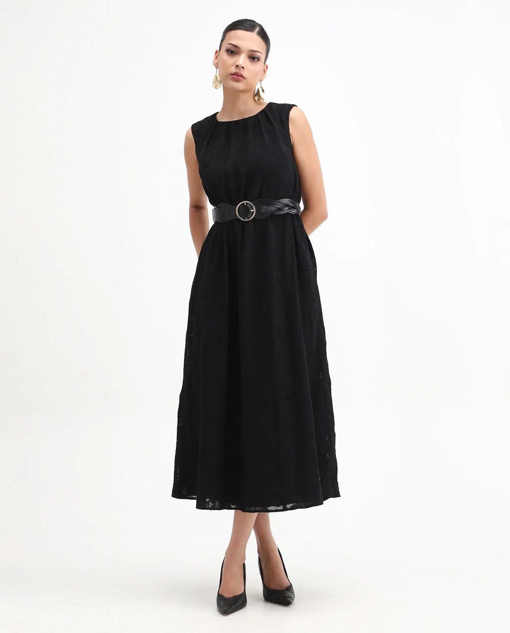 Rareism Women's Juten Black Nylon Blend Sleeveless Crew Neck Flared Fit Plain Dress