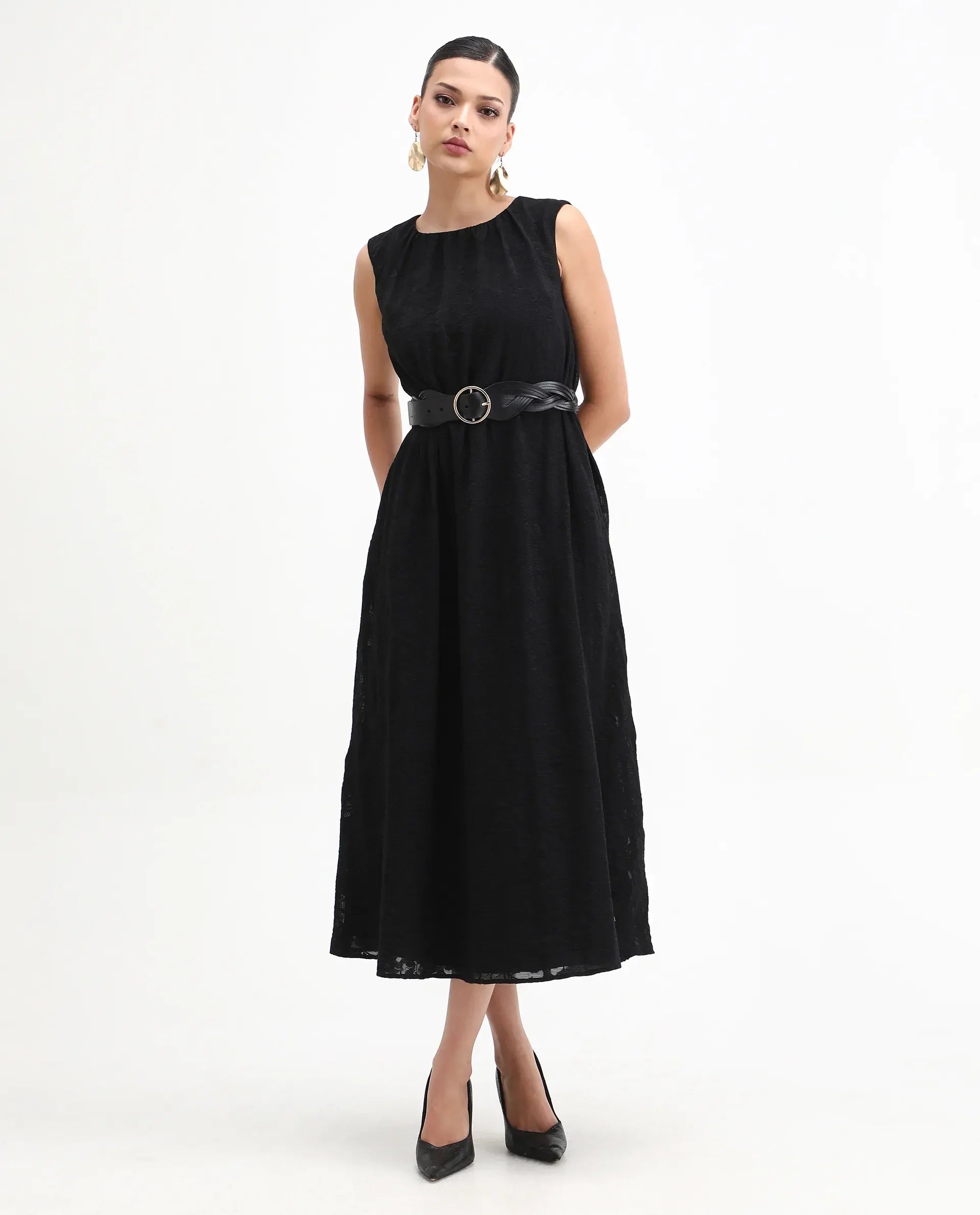 Rareism Women's Juten Black Nylon Blend Sleeveless Crew Neck Flared Fit Plain Dress