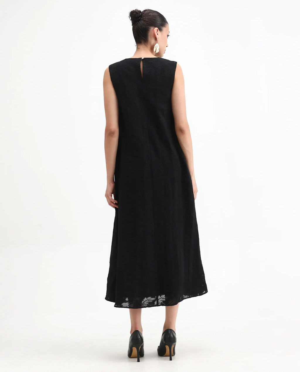 Rareism Women's Juten Black Nylon Blend Sleeveless Crew Neck Flared Fit Plain Dress