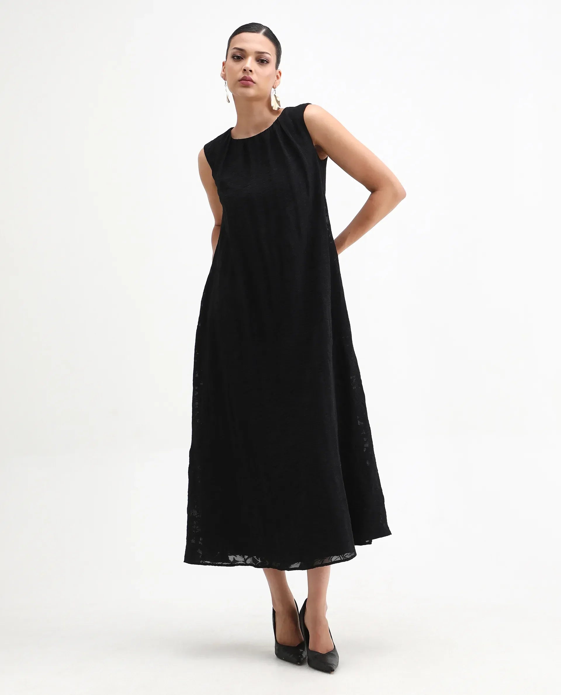 Rareism Women's Juten Black Nylon Blend Sleeveless Crew Neck Flared Fit Plain Dress