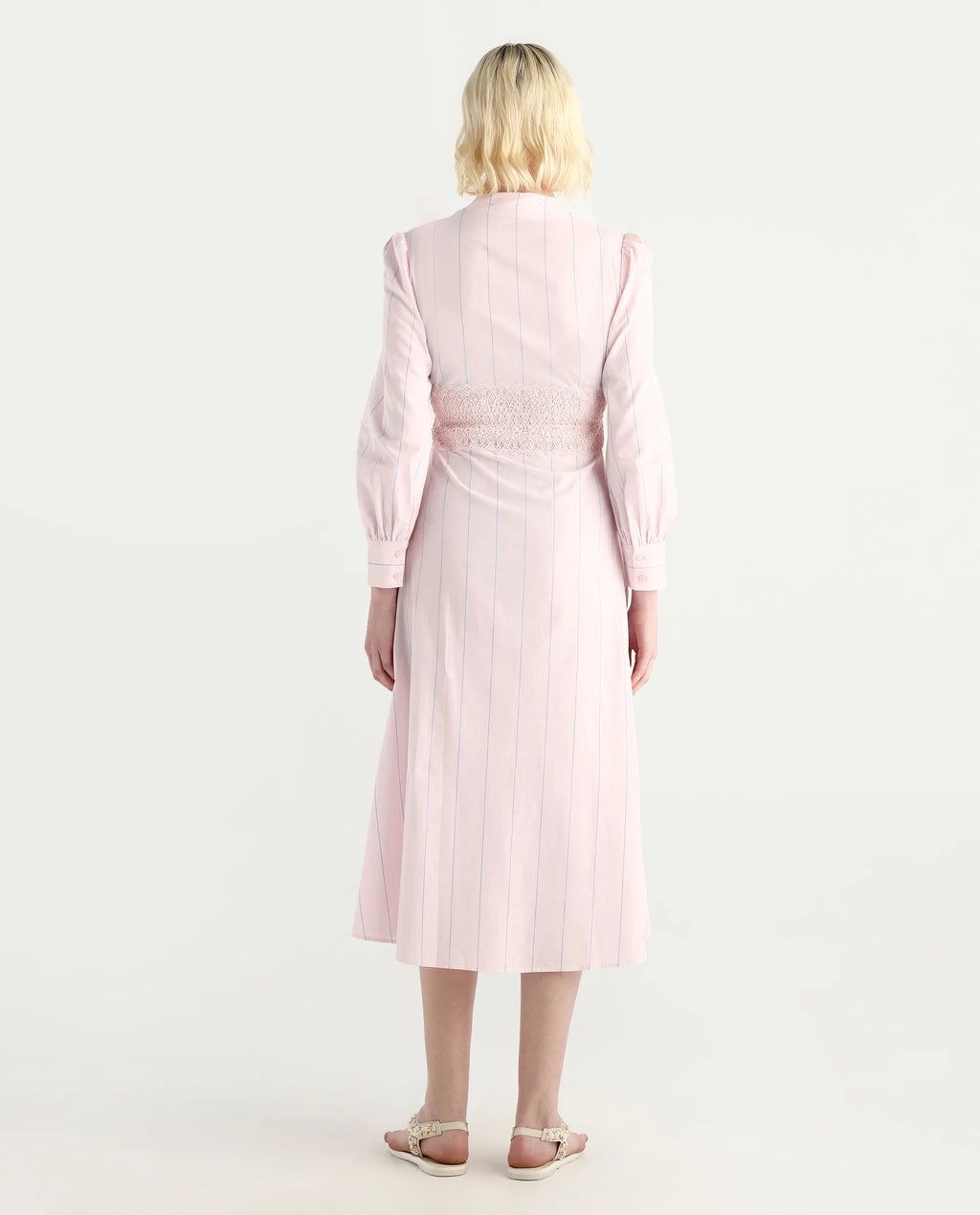 Rareism Women Juvo Pastel Pink Cotton Cuffed Sleeve Built-Up Collar A-Line Midi Striped Dress