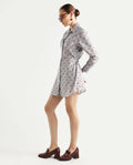 Rareism Women's Kacie Blue Cotton Drop Collar Monogram Print Cuffed Sleeve Mini Regular Fit Dress