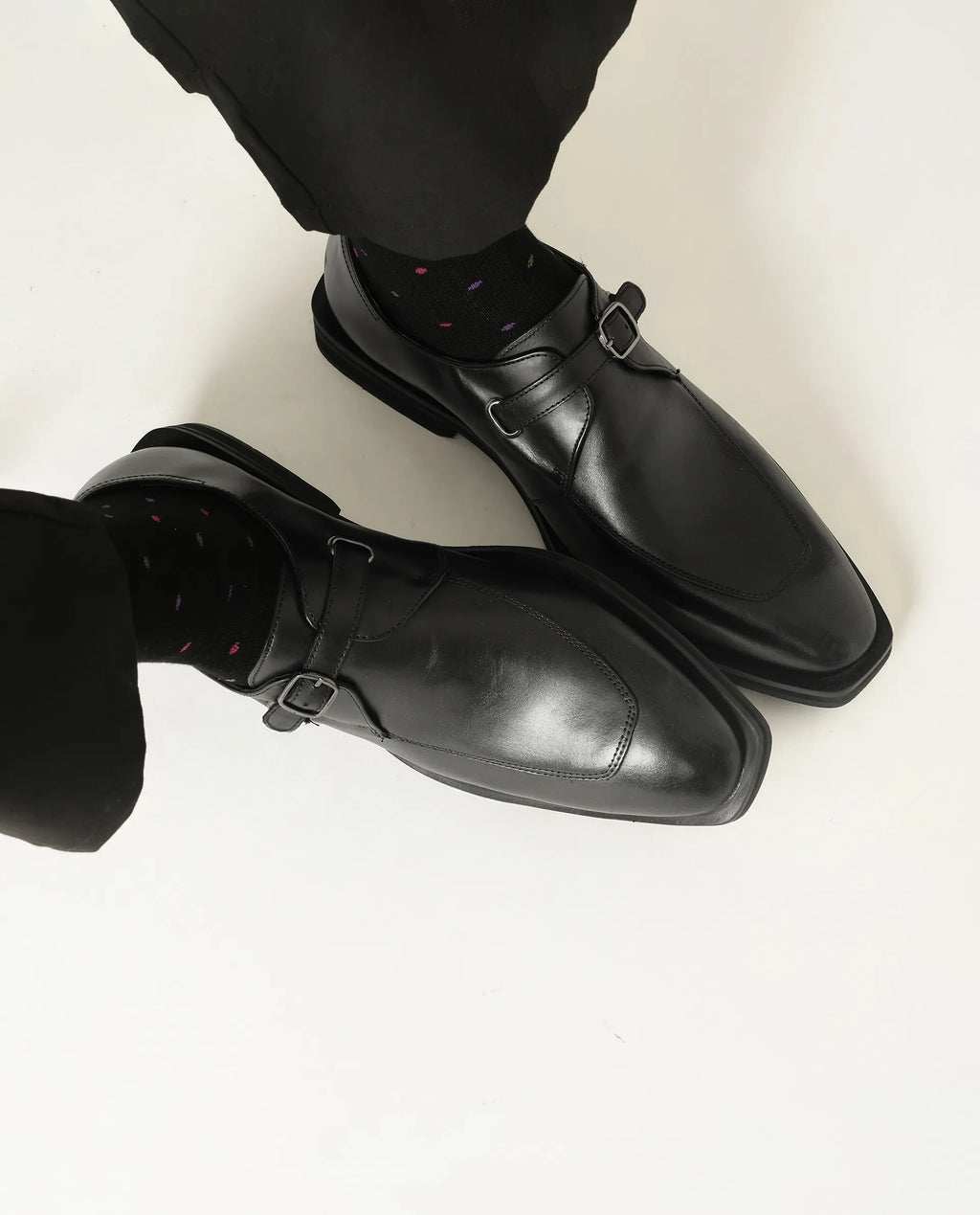 Rare Rabbit Men Kai Black Genuine Leather Buckle Strap Slip-On Loafers