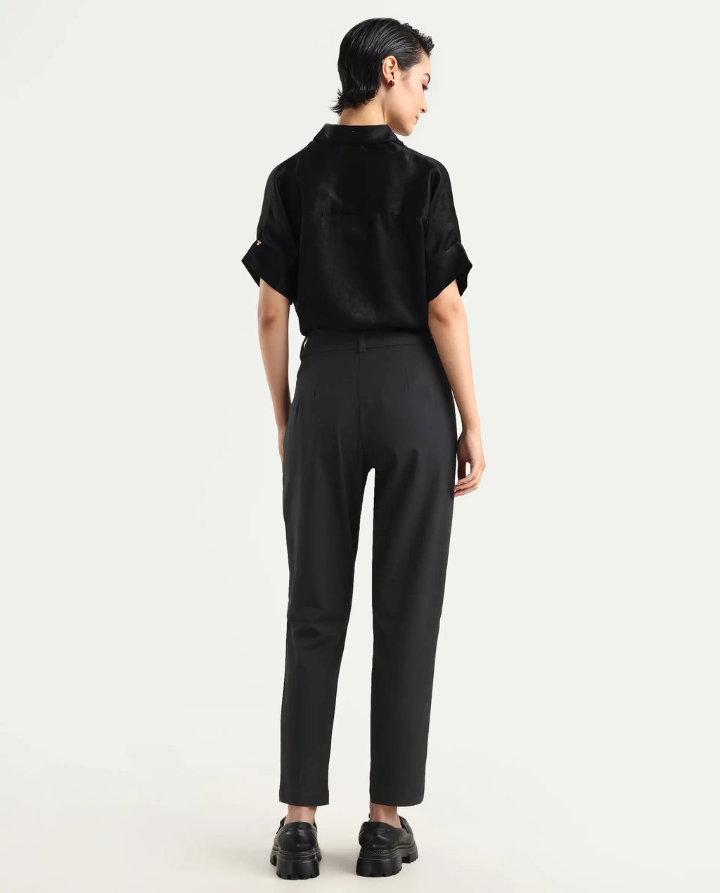 Rareism Women's Kaish Black Polyester Blend Plain Ankle Length Tapered Trouser