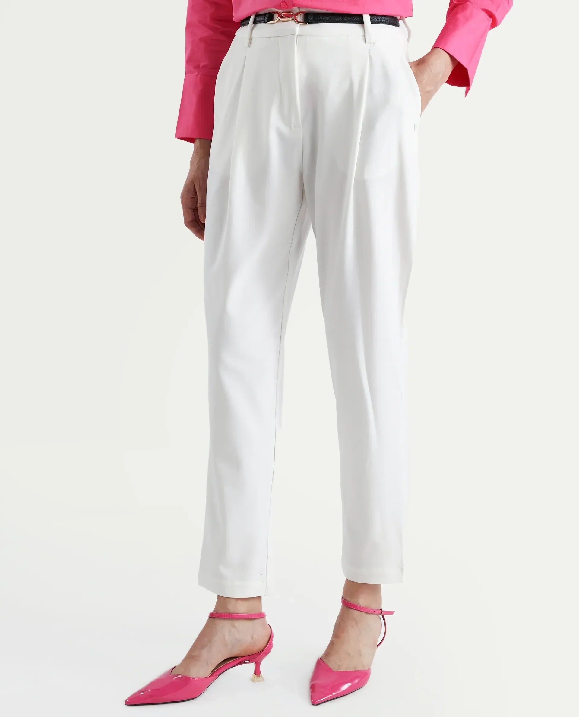 Rareism Women's Kaish Off White Polyester Blend Plain Ankle Length Tapered Trouser