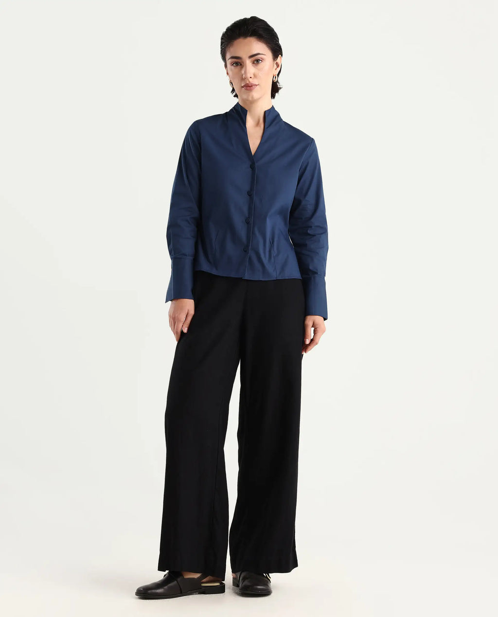 Rareism Women's Kaldo Light Navy Cotton Blend High Neck Plain Crop Regular Fit Top