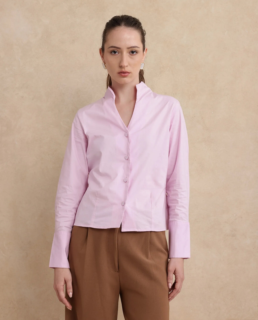 Rareism Women's Kaldo Light Pink Cotton High Neck Plain Crop Regular Fit Shirt