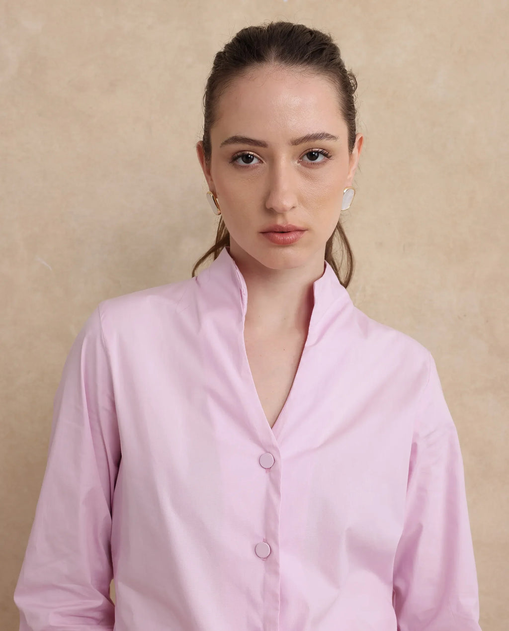Rareism Women's Kaldo Light Pink Cotton High Neck Plain Crop Regular Fit Shirt