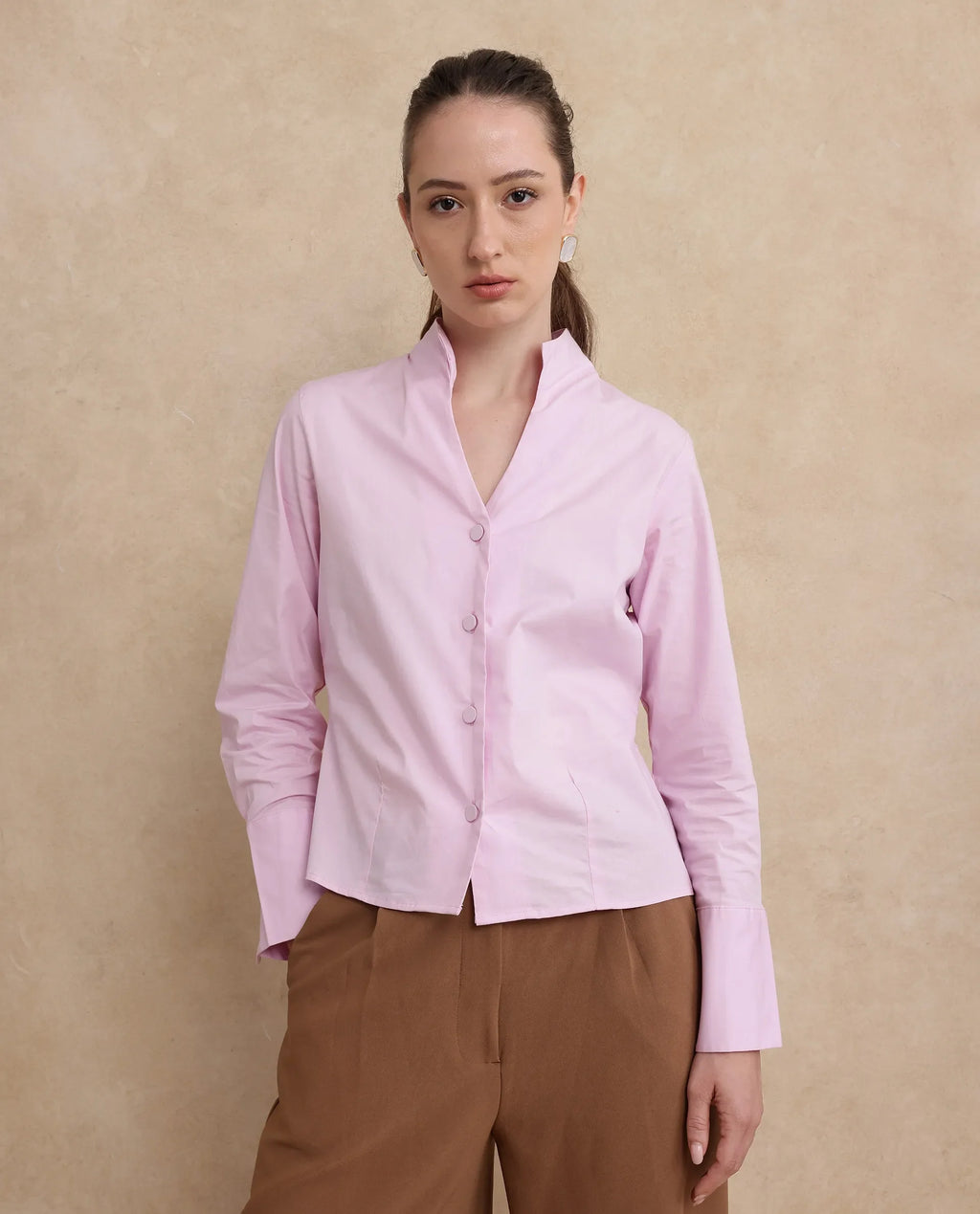 Rareism Women's Kaldo Light Pink Cotton High Neck Plain Crop Regular Fit Shirt