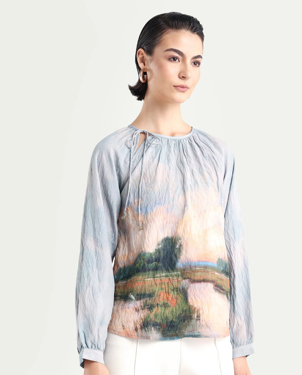 Rareism Women's Kall Multi Cotton Blend Boat Neck Graphic Print Raglan Sleeve Regular Fit Top