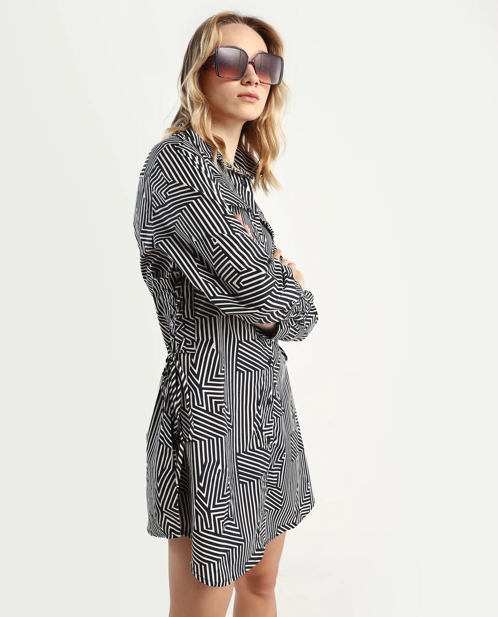 Rareism Women's Kamy Black Cotton Drop Collar Geometric Print Cuffed Sleeve Mini Regular Fit Dress
