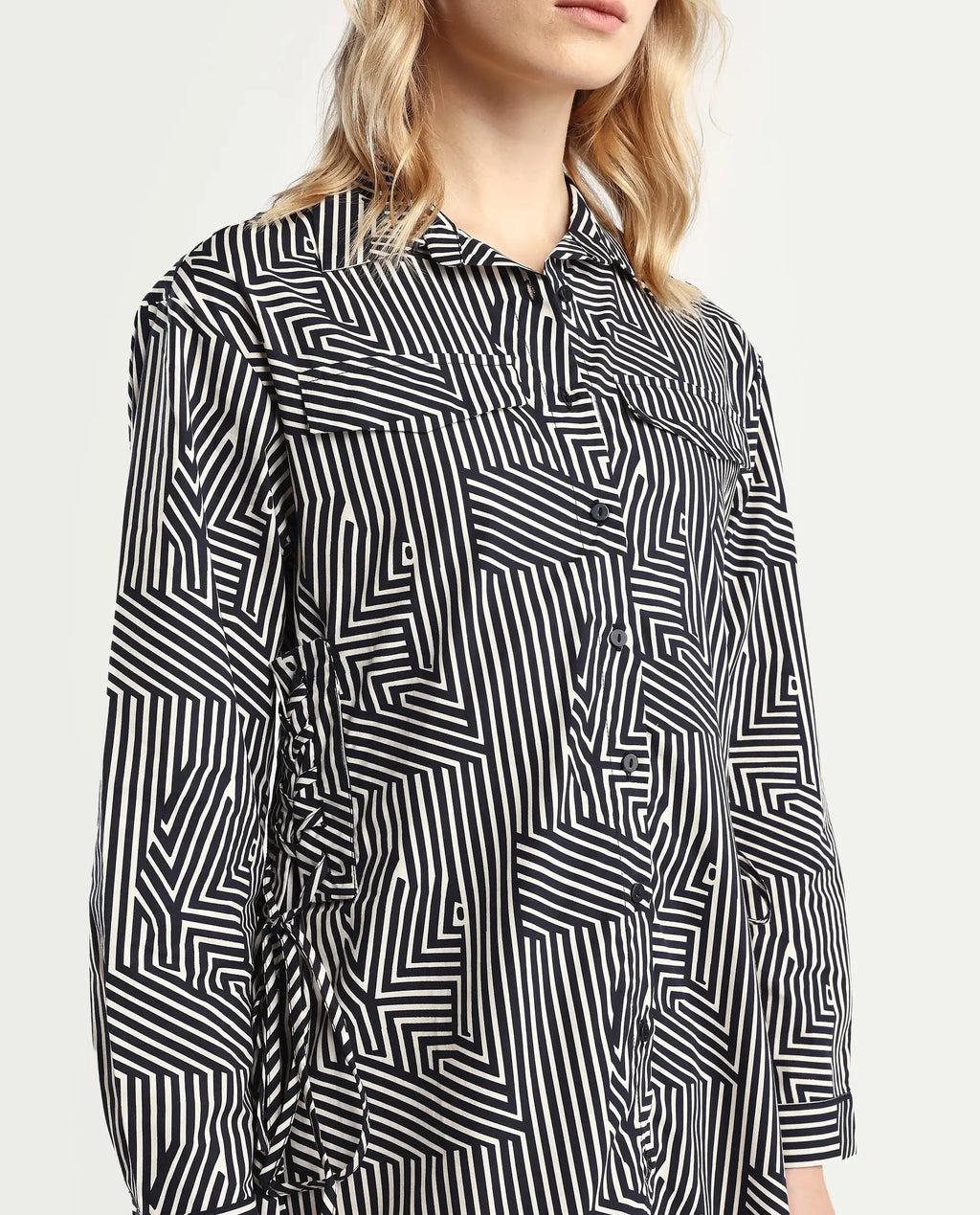Rareism Women's Kamy Black Cotton Drop Collar Geometric Print Cuffed Sleeve Mini Regular Fit Dress