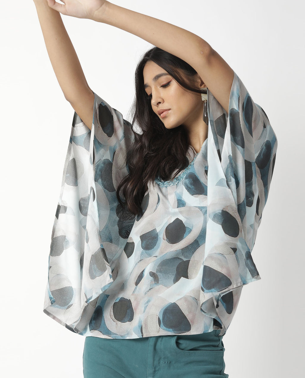 Rareism Women's Kans Blue Cotton Blend V-Neck Abstract Print Bell Sleeve Relaxed Fit Top