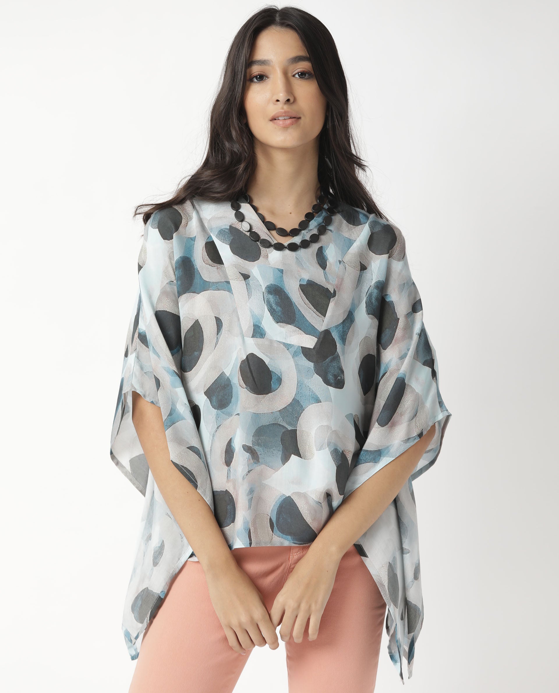 Rareism Women's Kans Blue Cotton Blend V-Neck Abstract Print Bell Sleeve Relaxed Fit Top