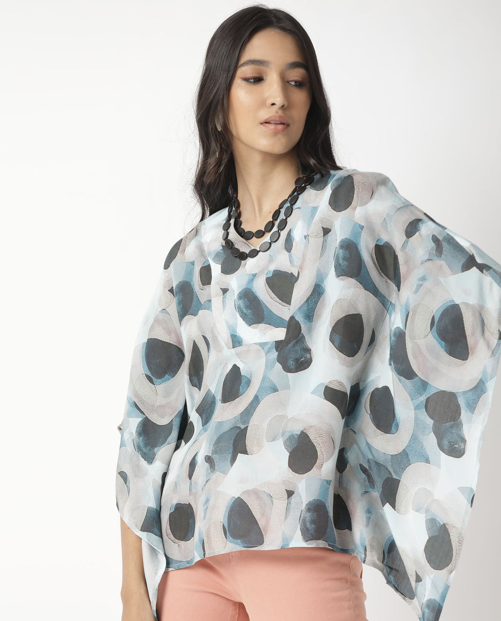 Rareism Women's Kans Blue Cotton Blend V-Neck Abstract Print Bell Sleeve Relaxed Fit Top