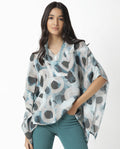 Rareism Women's Kans Blue Cotton Blend V-Neck Abstract Print Bell Sleeve Relaxed Fit Top