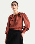 Rareism Women's Karabuk Orange Polyester Tie-Up Neck Plain Cuffed Sleeve Crop Regular Fit Top