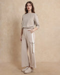 Rareism Women's Kar Beige Cotton Blend Plain Ankle Length Wide Track Pant