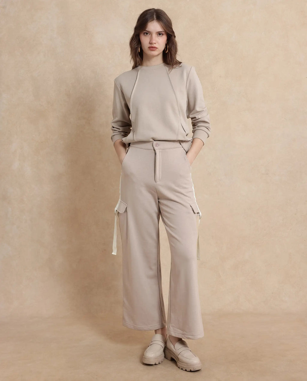 Rareism Women's Kar Beige Cotton Blend Plain Ankle Length Wide Track Pant